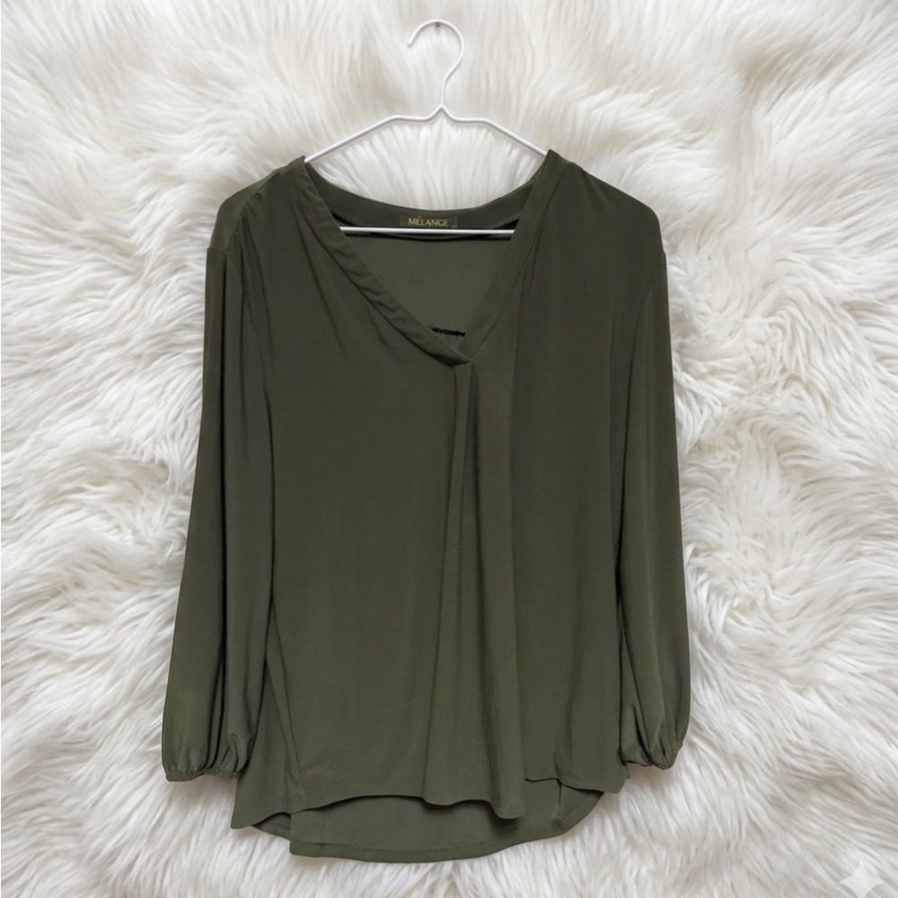 Vince Camuto Olive Green V-Neck Long Sleeve Blouse size L